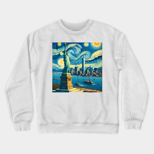 New York City, USA, in the style of Vincent van Gogh's Starry Night Crewneck Sweatshirt by CreativeSparkzz